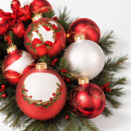 Christmas decoration with red and white baubles on fir branches.の素材