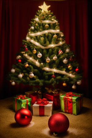 Christmas tree with presents and ornaments on a dark background.の素材