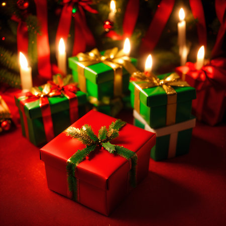 Christmas gift boxes with candles on red backgroundの素材