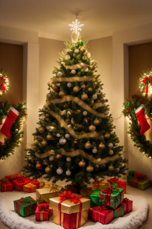 Christmas tree with presents under it in a room decorated for christmasの素材