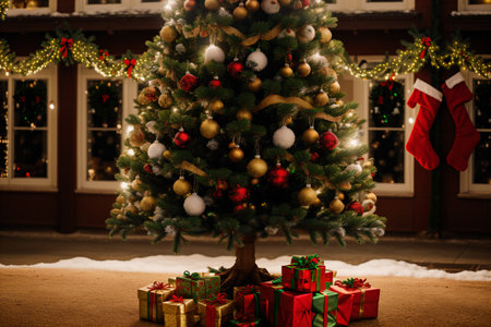 Christmas tree and gifts on the background of the house in the cityの素材