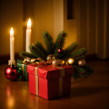 Christmas decoration with gift box and candles on wooden floor in room.の素材