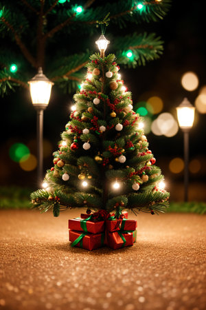 Christmas tree with gifts and lights on background. Festive decoration.の素材
