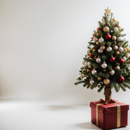 Christmas tree and gift box on white background with copy space for textの素材