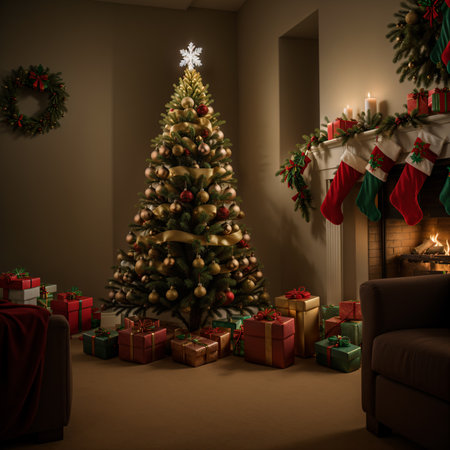 Christmas tree with presents and fireplace in the roomの素材