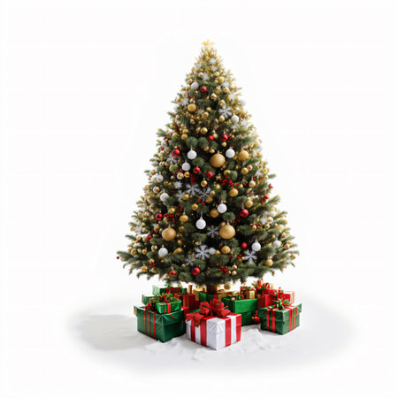 Christmas tree with gifts isolated on white background. 3d illustration.の素材