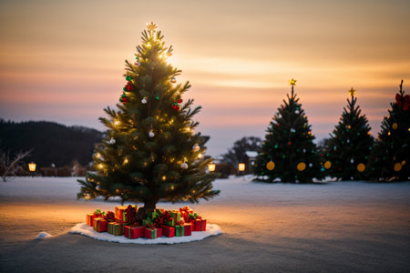 Christmas tree in the snow with gifts on the background of the sunsetの素材