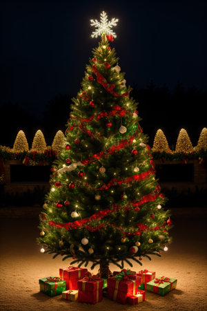 Christmas tree and gift boxes at night. Christmas backgroundの素材