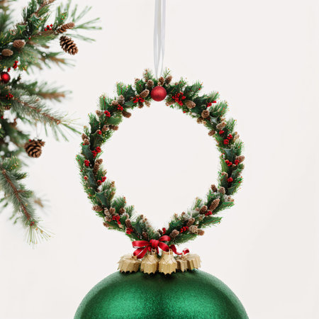 Christmas wreath with red and green balls on a white background.の素材
