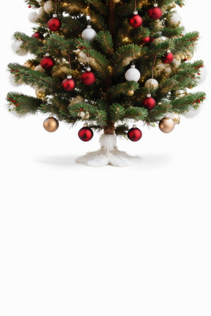 Christmas tree with red and gold baubles on a white backgroundの素材