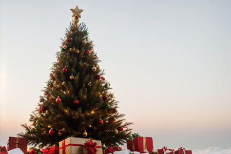 Christmas tree with gifts on the background of the sky. Christmas background.の素材