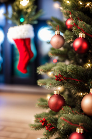 Christmas tree decorated. Christmas and New Year backgroundの素材