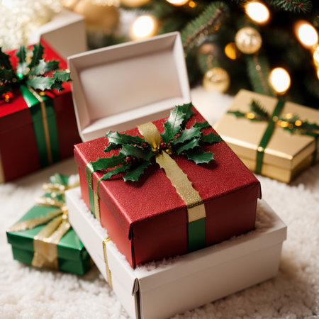 gift boxes and christmas tree on a white fur background.の素材