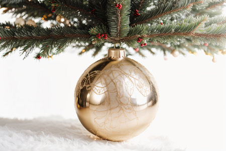 Christmas tree with golden bauble on white furの素材
