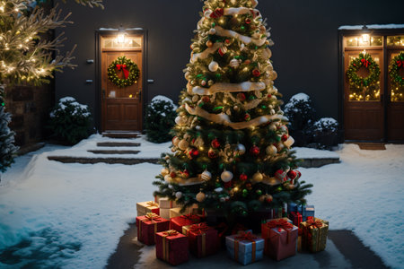 Decorated Christmas tree with gift boxes in front of door at nightの素材