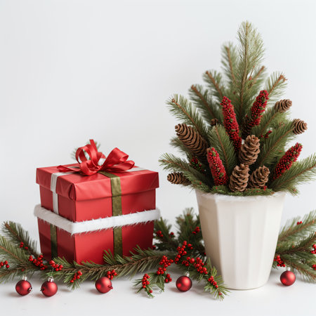 Christmas decoration with fir branches and red gift box on white background.の素材