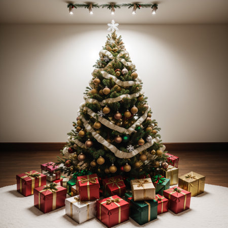 Christmas tree with gifts in the living roomの素材