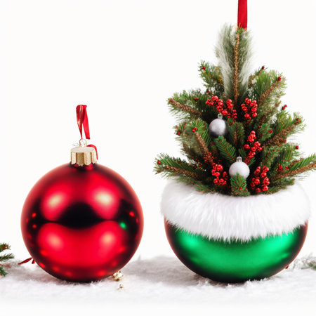 Christmas decoration with red and green baubles on snow isolated on white backgroundの素材