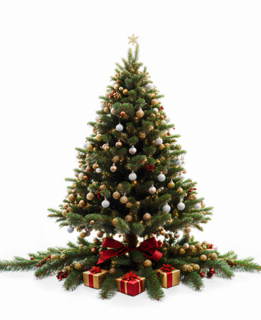 Christmas tree with gifts isolated on white background. 3d illustration.の素材