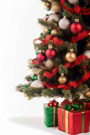 Christmas tree decorated with red and gold balls and gifts on white backgroundの素材