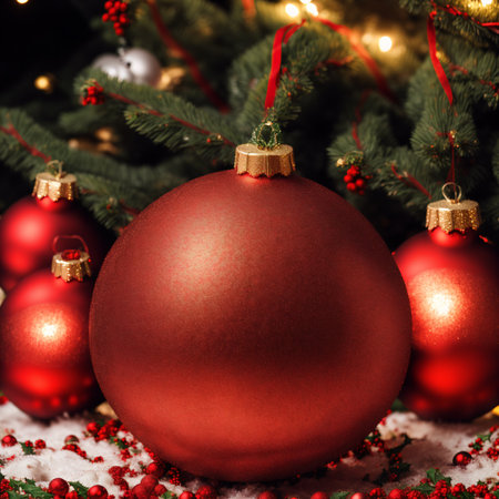 Christmas background with red baubles and fir treeの素材