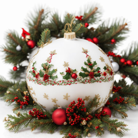 Christmas decoration with bauble and fir branches on a white background.の素材