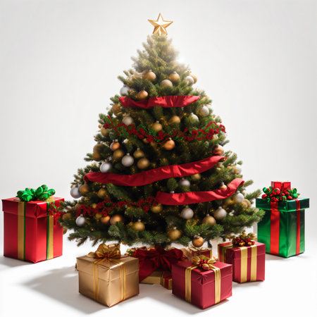 Christmas tree with gifts on a white backgroundの素材