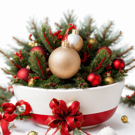 Christmas decoration with baubles and ornaments on white backgroundの素材