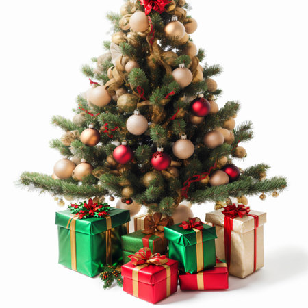Christmas tree with gifts isolated on white background. Christmas and New Year conceptの素材