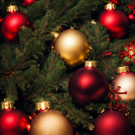 Christmas background with red and golden baublesの素材
