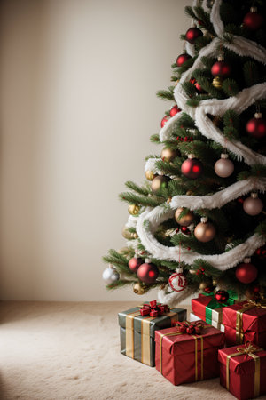 Christmas tree with presents and decorations. Christmas and New Year holidays backgroundの素材