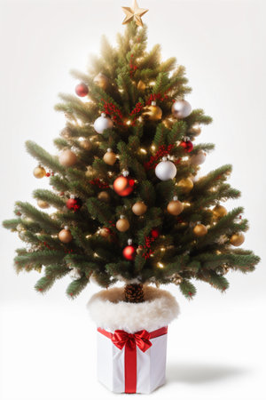 Christmas tree with red and gold baubles on white background.の素材