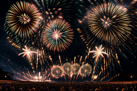 Colorful fireworks of various colors over night sky, celebration and anniversary conceptの素材