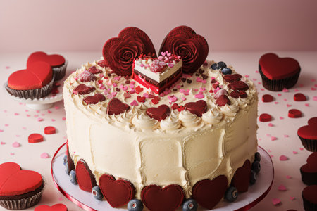 Beautiful cake with red hearts on pink background, valentines dayの素材