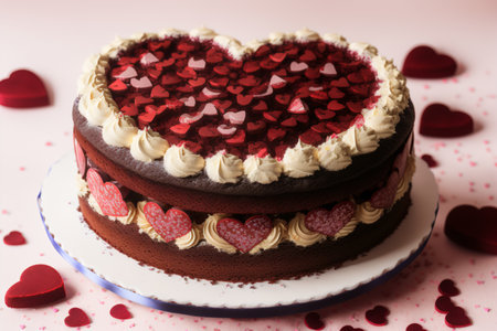 Valentine's Day cake with red hearts on pink background.の素材