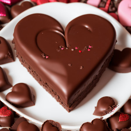 Heart-shaped chocolate cake on a white plate. Valentine's Day.の素材