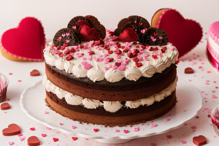 Valentine's day cake with chocolate hearts on a white backgroundの素材