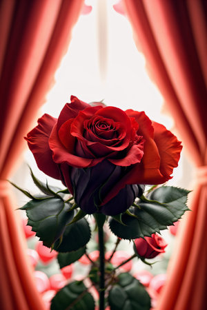 Beautiful red rose on the background of a window with curtains.の素材
