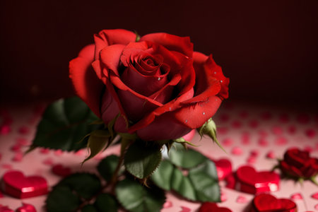 Beautiful red rose on a red background. Valentine's Day.の素材