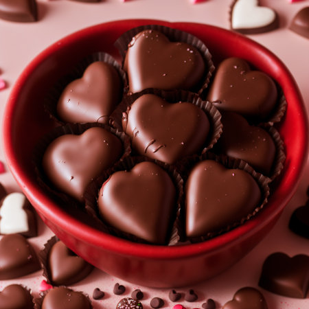 Heart-shaped chocolate candies in red bowl on pink background.の素材