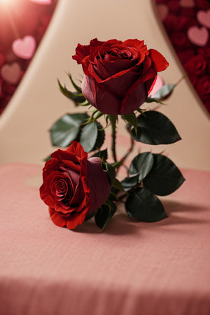 Beautiful red roses on the table. Valentine's day background.の素材