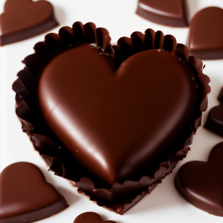 Heart-shaped chocolate candies on a white background. Close-up.の素材