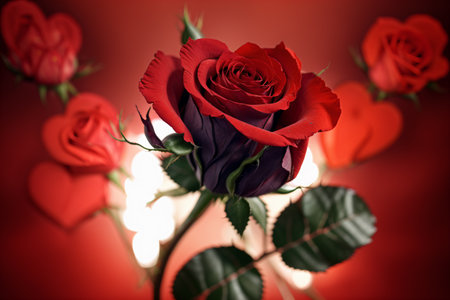 Valentine's Day background. Red roses on a red background.の素材