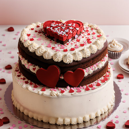 Valentine's Day cake with red hearts on a pink backgroundの素材
