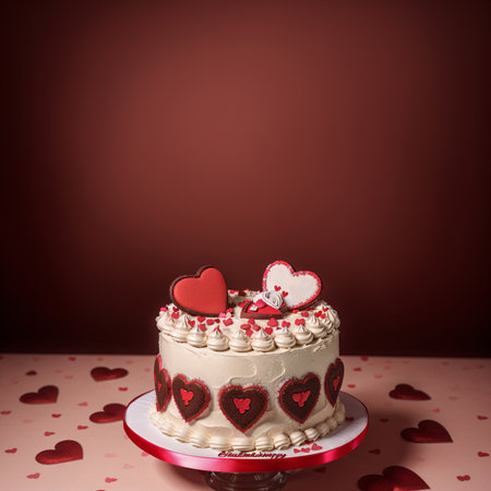 Valentine's Day cake with red hearts on a red backgroundの素材