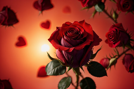Beautiful red rose on a red background with hearts. Valentine's Dayの素材