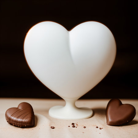 Two heart-shaped chocolates on a dark backgroundの素材