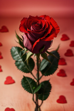 Red rose on a red background with hearts. Valentine's Day.の素材