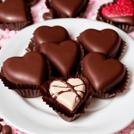chocolate heart-shaped truffles on a white saucerの素材