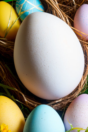 Easter eggs in nest on grass background. Happy Easter concept.の素材
